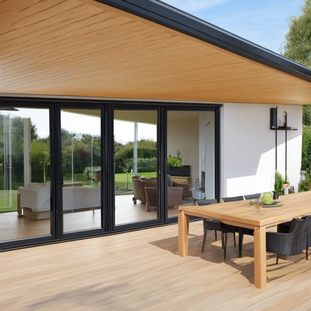 Black aluminium bi-folding doors opening onto a garden terrace