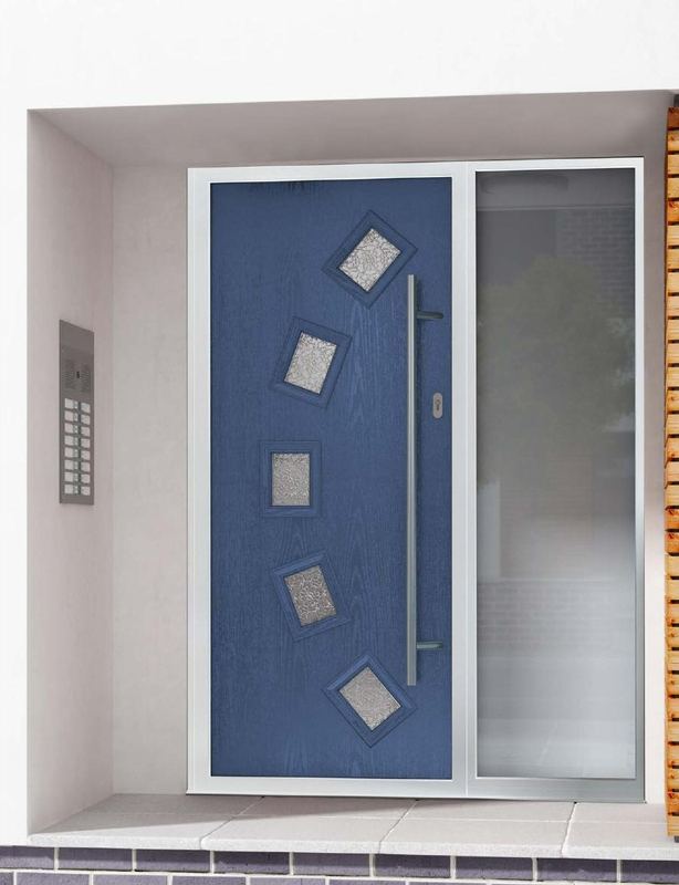 A blue contemporary composite door with a long bar handle and side panel