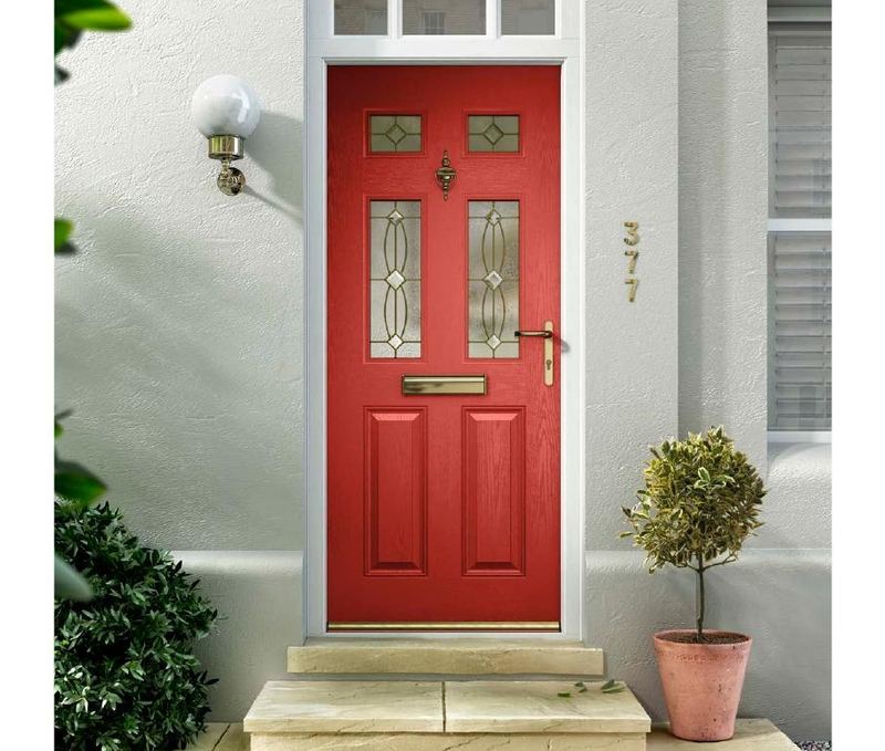 A red composite door with leaded glass
