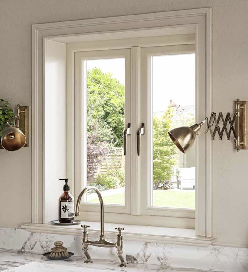 A cream flush sash window in a kitchen